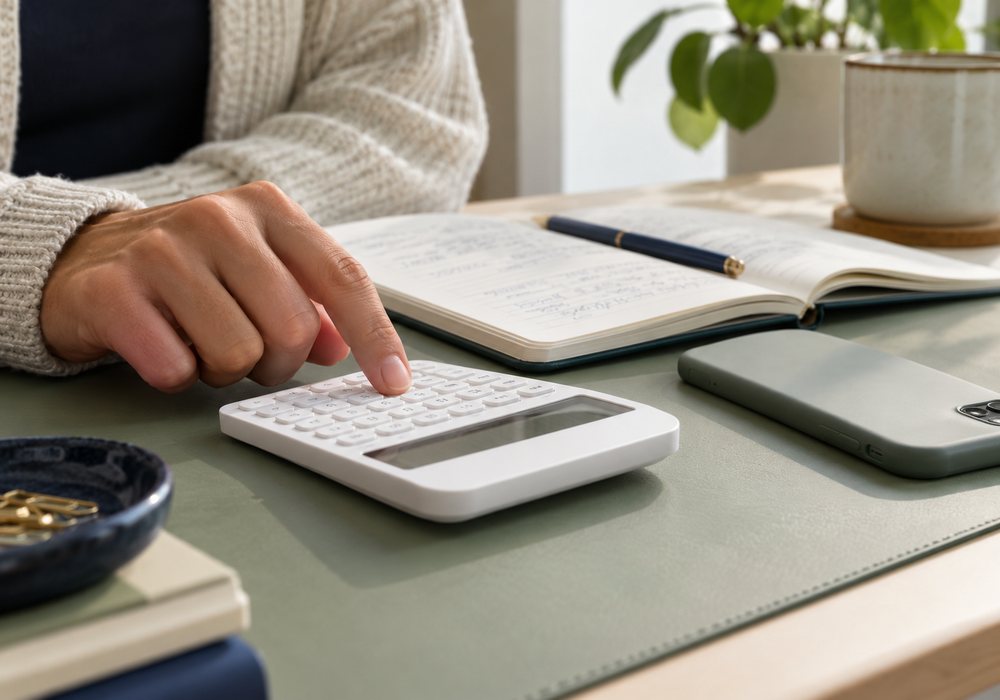 Person budgeting with a calculator and notebook