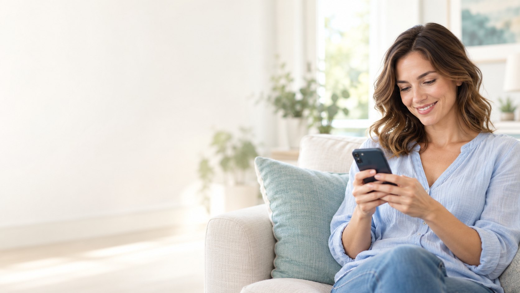 Smiling woman checking a loan offer on her phone at home